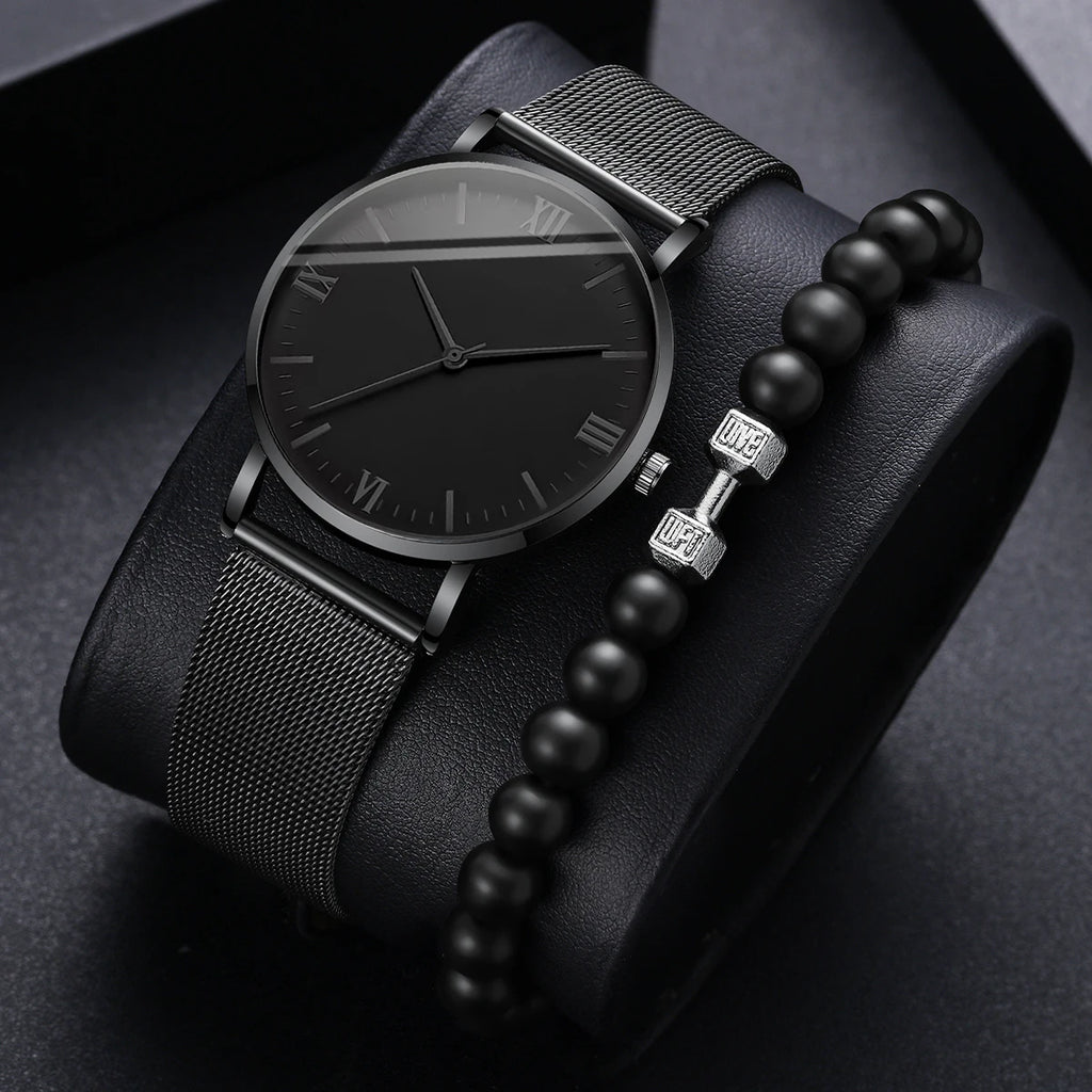 2 peças relógio masculino moda Roma relógios de quartzo pulseira de malha de aço conjunto de pulseira Qme