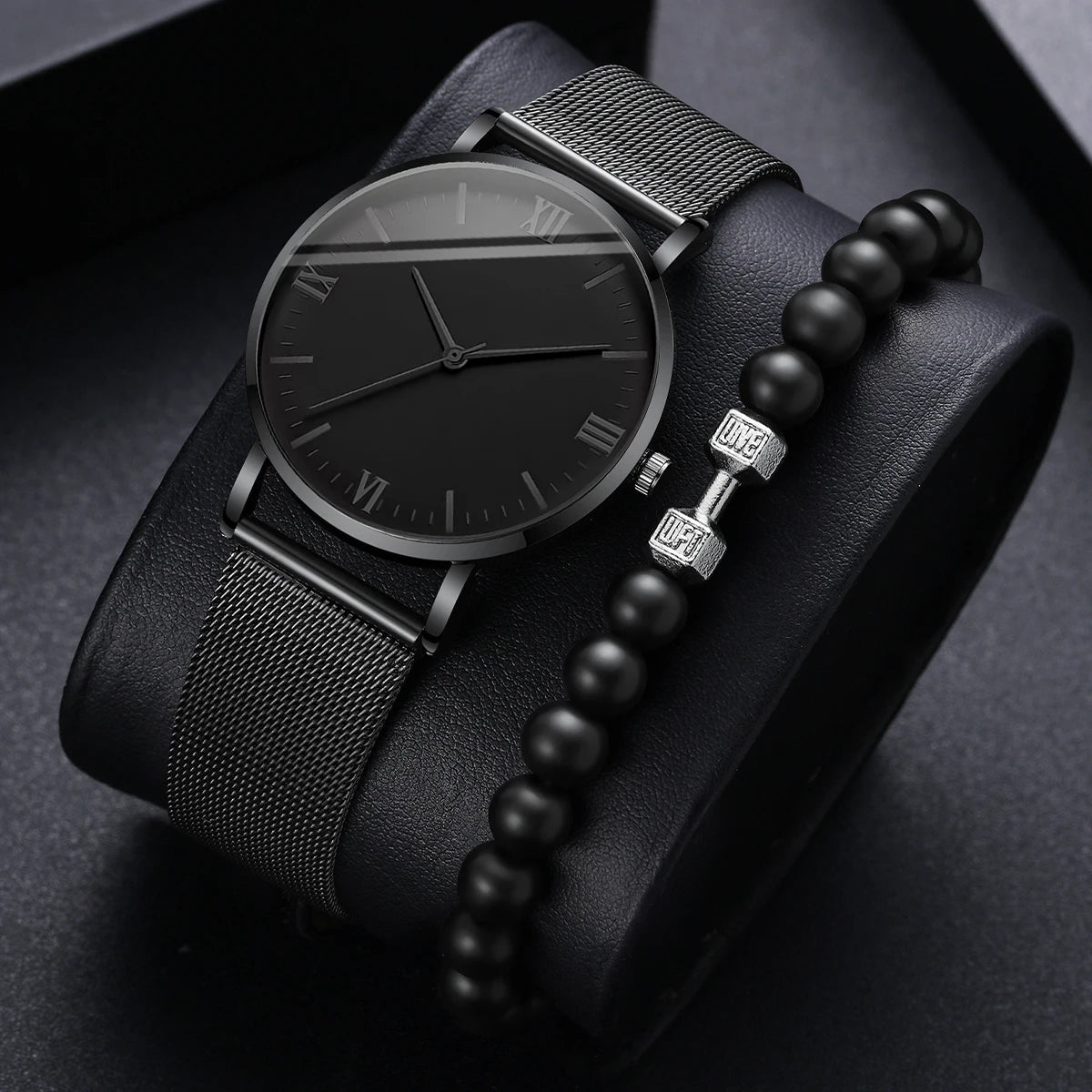 2 peças relógio masculino moda Roma relógios de quartzo pulseira de malha de aço conjunto de pulseira Qme