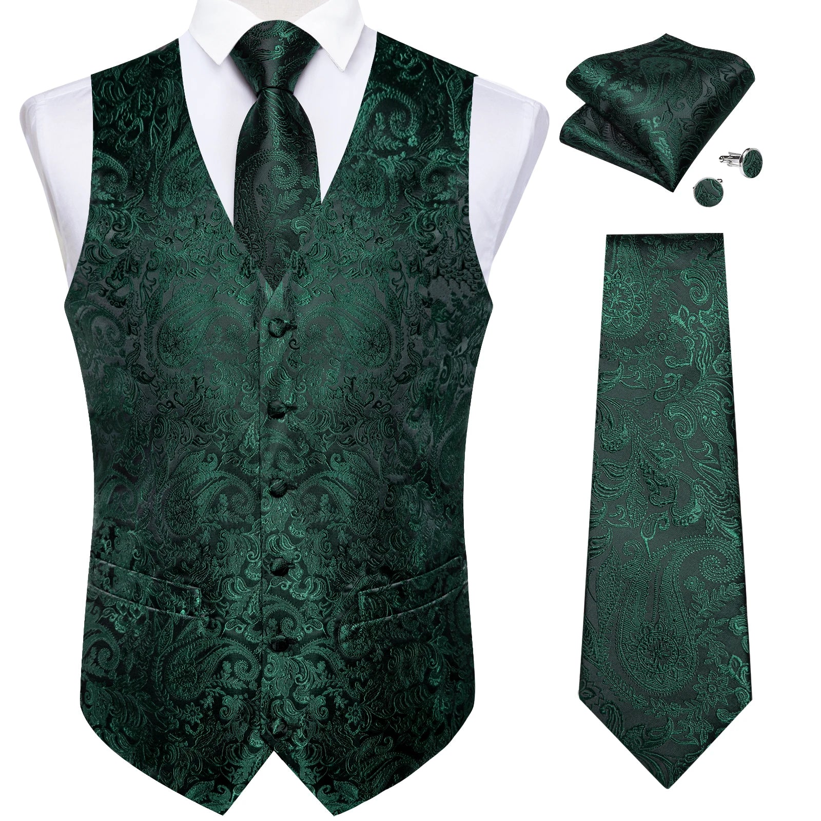 Men's Paisley Suit Vest Tie Formal Waistcoat Necktie Pocket Square Qme MJTZ0187 S