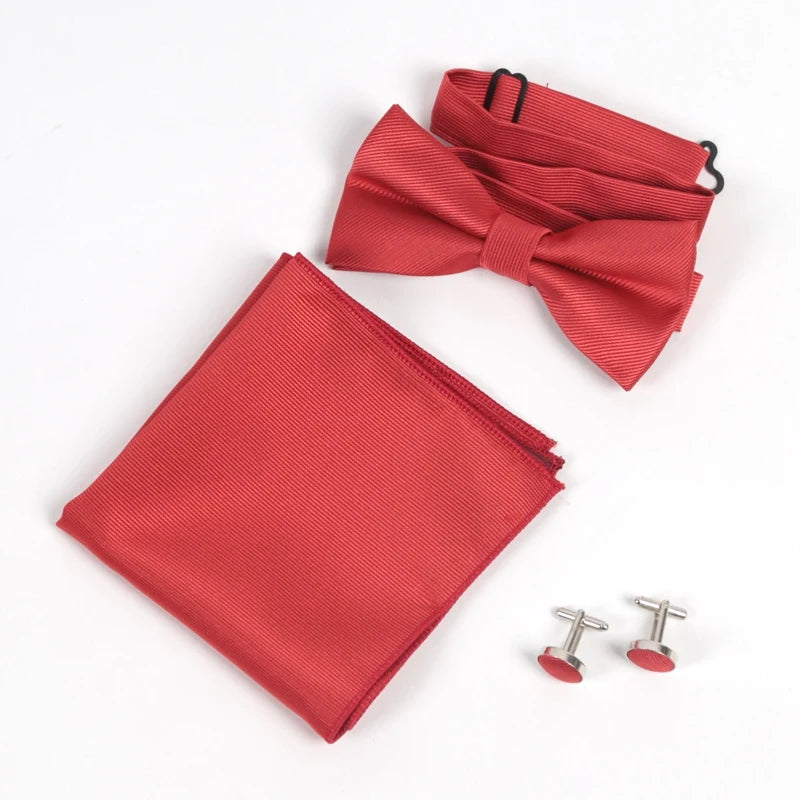 Men's Solid Bow Tie Sets Including Exquisite Cufflinks Soft Qme Red