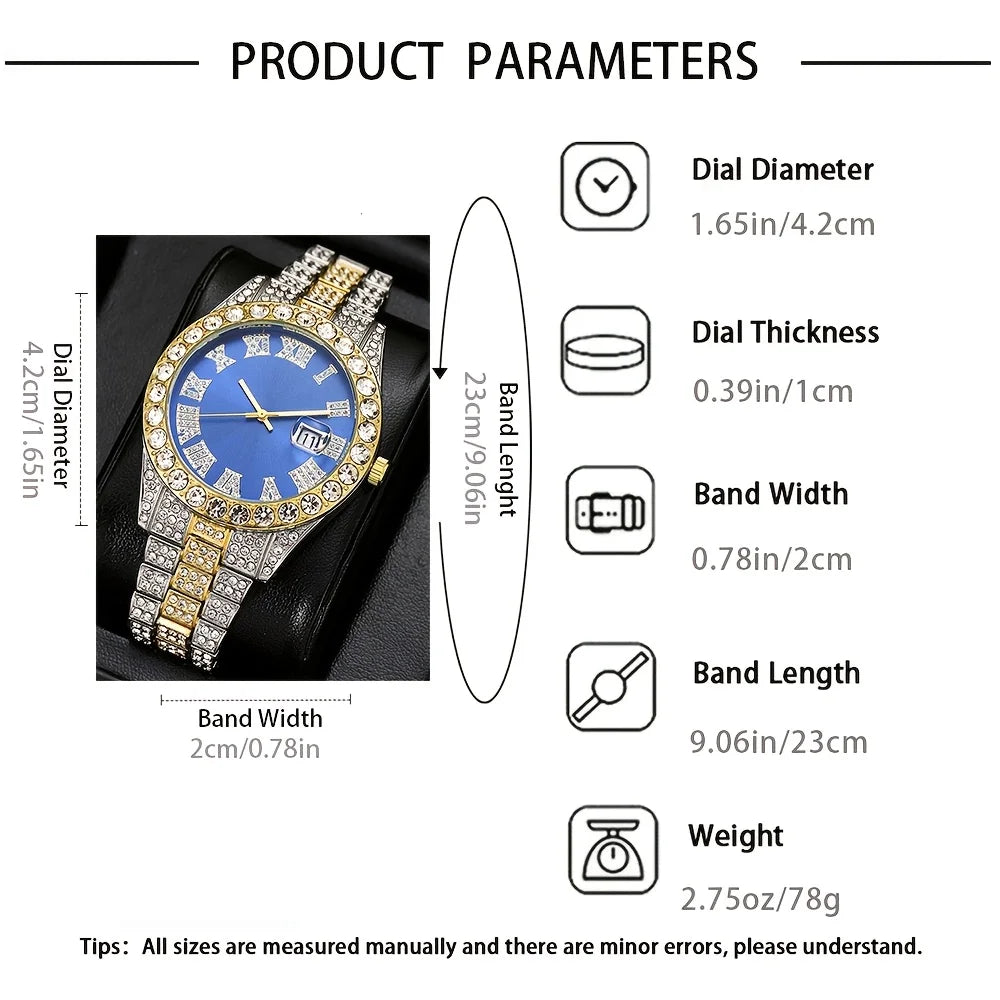3Pcs/Set Men's Gold Iced Out Jewelry Set, Blue Dial Quartz Watch + Lion Head Pendant Necklace + Beaded Bracelet, Hip Hop Style Qme