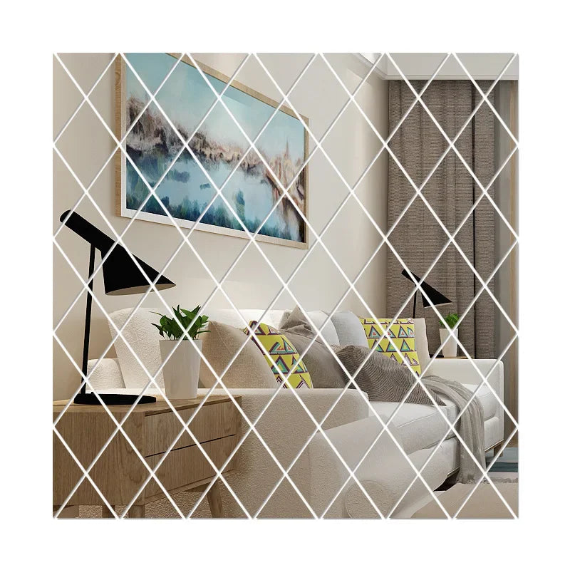Self-Adhesive Acrylic Mirror Wall Stickers Waterproof Home Decal DIY Decoration Diamond Splicing Movable Mirror Glass Sticker Qme Silver 50x50cm 17Pcs