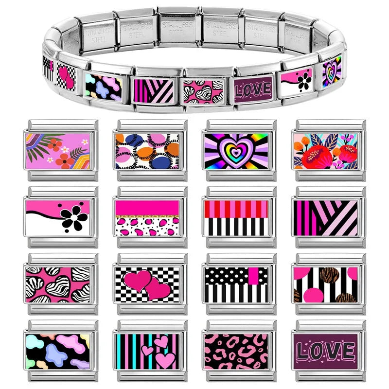 2026 Original Y2K Colorful Loving Heart Grid Flower Italian Charm Links Fit 9mm Stainless Steel Bracelet Women DIY Making Gift Qme