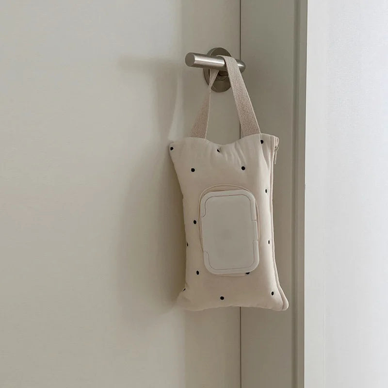 Paper towel box, cute little cart-shaped paper towel bag, portable pull-out flap-style paper towel storage box. Qme White Polka Dot