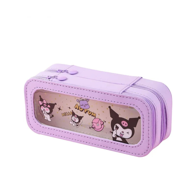 Hello Kitty Kuromi Transparent Double-Layer Pencil Case with Window Large-Capacity, Stylish Pencil Case Student Pencil Case Qme