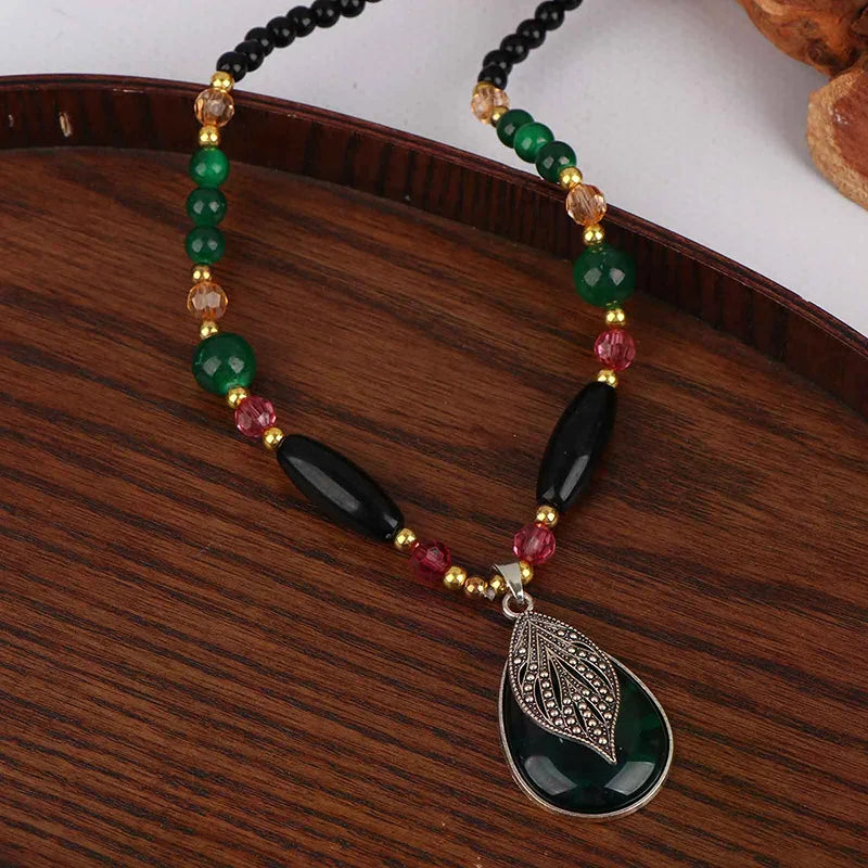 Fashion Black Beads Chain Long Necklaces Green Stone Water Drop Pendant Necklace Sweater Chain Jewelry For Women Gift Qme