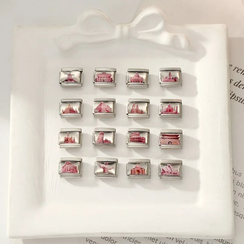 New2026 Hot Fashion Church Tower of Pisa Roman Colosseum Charm Italian Links Fit 9mm Bracelet Stainless Steel Making DIY Jewelry Qme