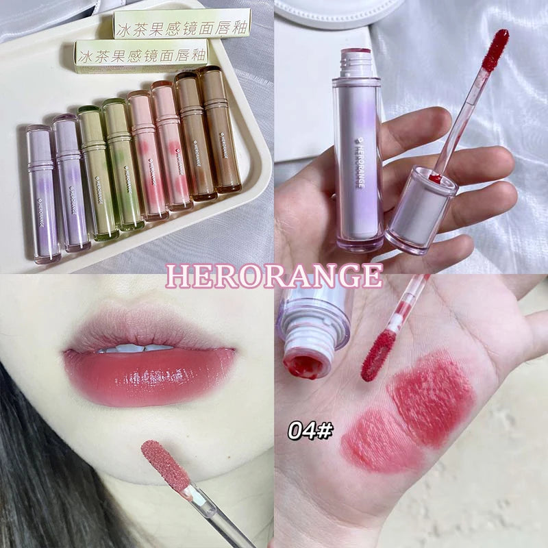 Iced Tea Mirror Lip Glaze Watery Lip Gloss Waterproof Lasting Transparent Jelly Liquid Lipstick Womon Beauty Makeup Lip Cosmetic Qme 04 HERORANGE