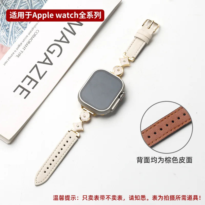 Applicable to iWatch10 strap Apple S9 watch AppleWatch metal four-leaf clover S8 leather S7S6 women's model Qme Gold with white AP-42-49mm