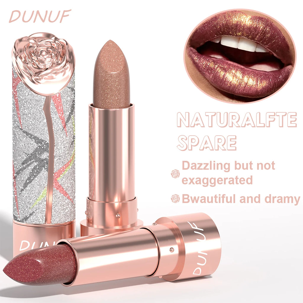 Rose Floral Diamond Lipstick Pearlescent Shimmer 3D Metallic Matte Smooth Creamy Sparkling Lipstick For Daily Party Makeup Qme