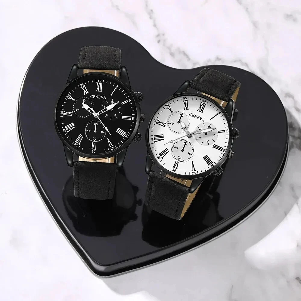 2Pcs Geneva Couple Men Watch Set Black Suede Leather Chronograph Quartz Wristwatch Roman Dial Black White Dual Face Gift Qme