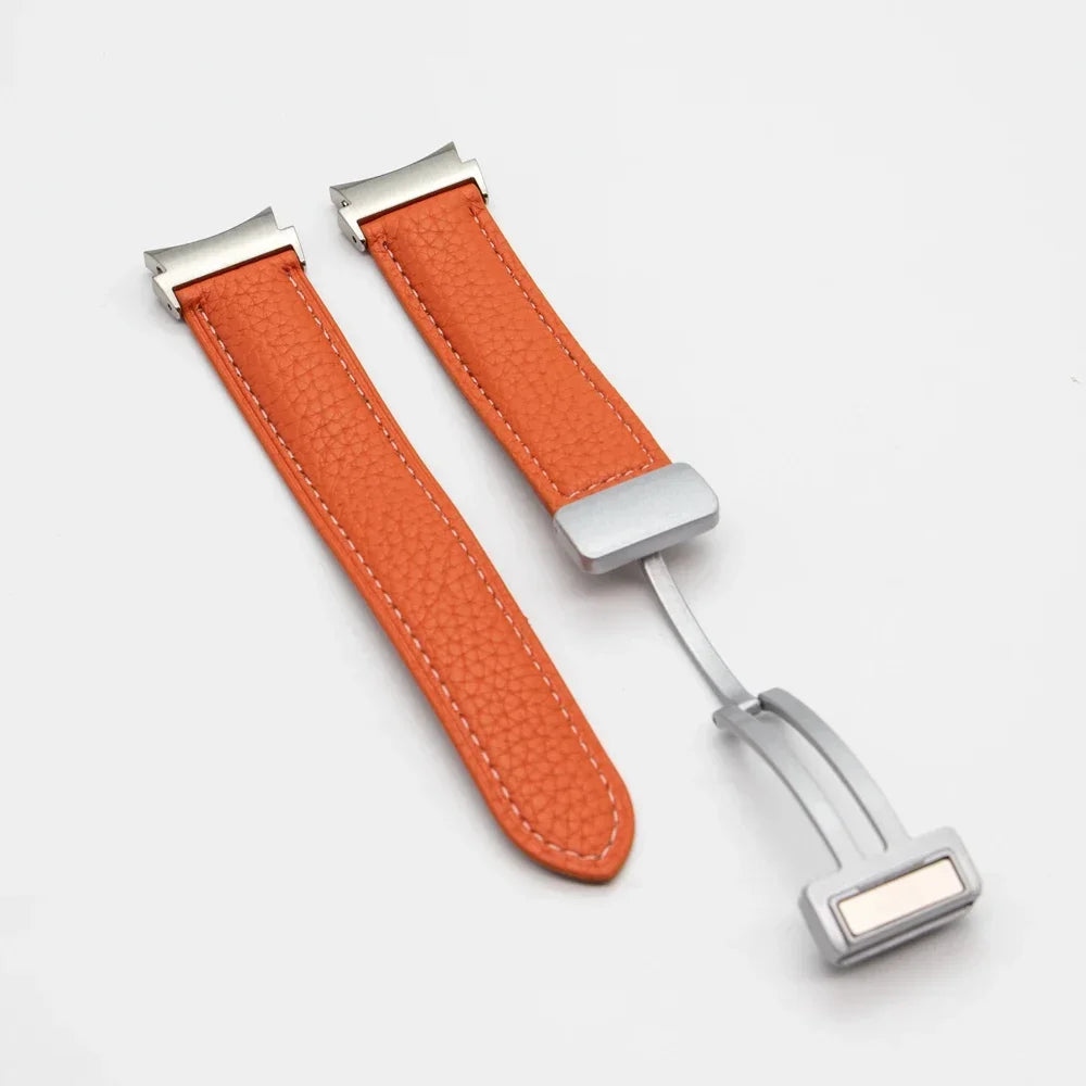 No Gaps Leather Band for Samsung Galaxy Watch 6 5 4 40mm 44mm 4/6Classic 46mm 42 43 47mm 5 Pro 45mm Magnetic Buckle Watch Strap Qme orange-s Watch 6 Classic 43mm