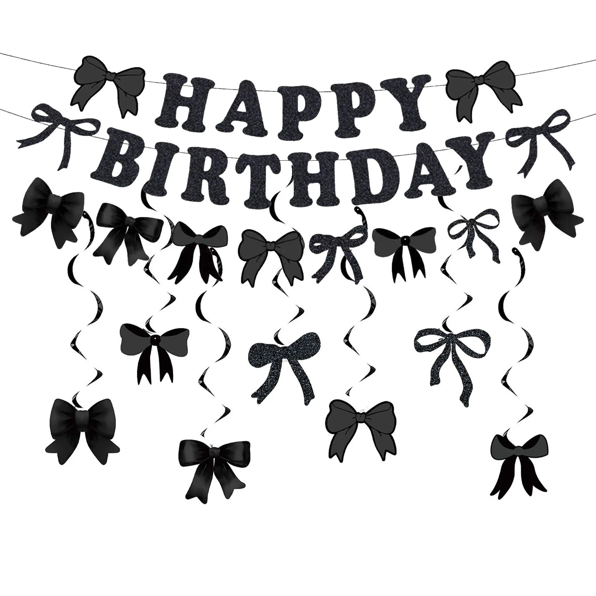 Bow Party Flag Decoration Set Pink/Blue/Black Bow Happy Birthday Banner Party Decor Bow Spiral Hanging Decor Scene Decor Props Qme black