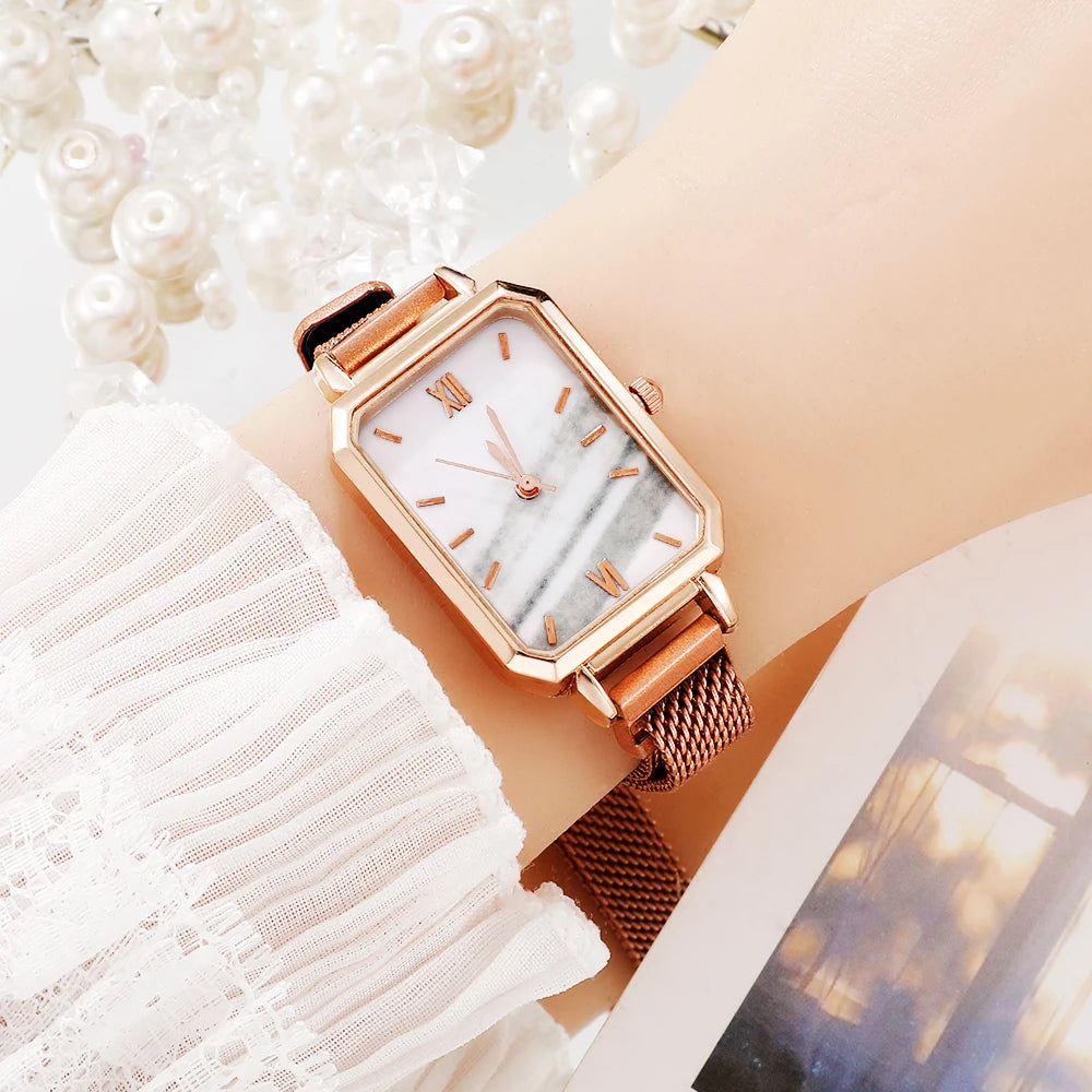 Women Watches Fashion Square Ladies Quartz Watch Bracelet Set Green Dial Simple Rose Gold Mesh Luxury Women Watches Qme WHITE