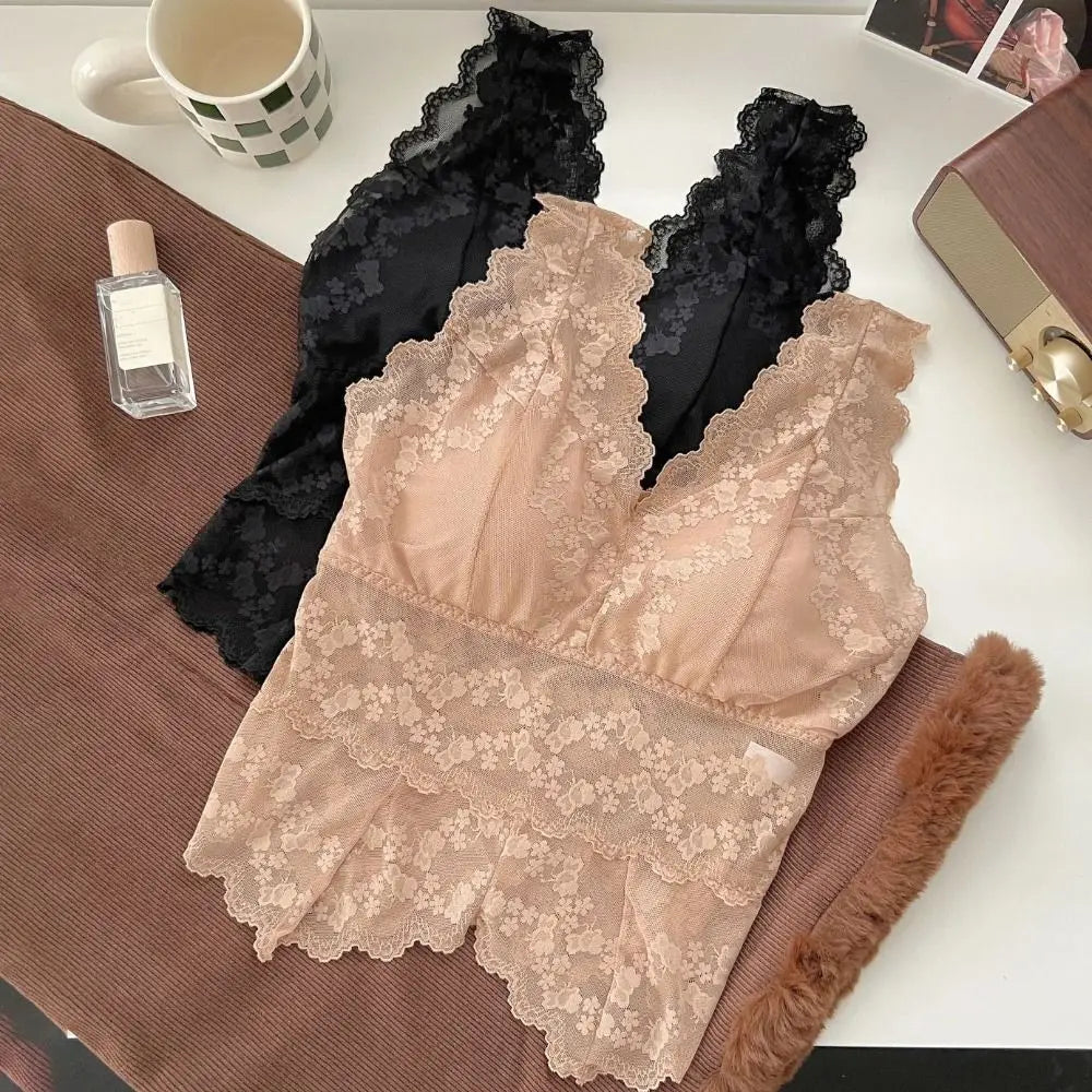 Simple Mesh Thin Lace Deep V Camisole Sleeveless Slim Fit Suspender Qme