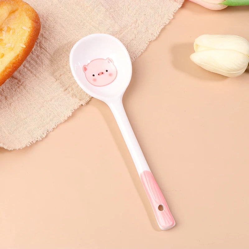 1Pc Kawaii Pig Ceramic Soup Spoon Cute Ice Cream Hand Painted Coffee Dessert Long Handle Spoon Kitchen Accessories. Qme