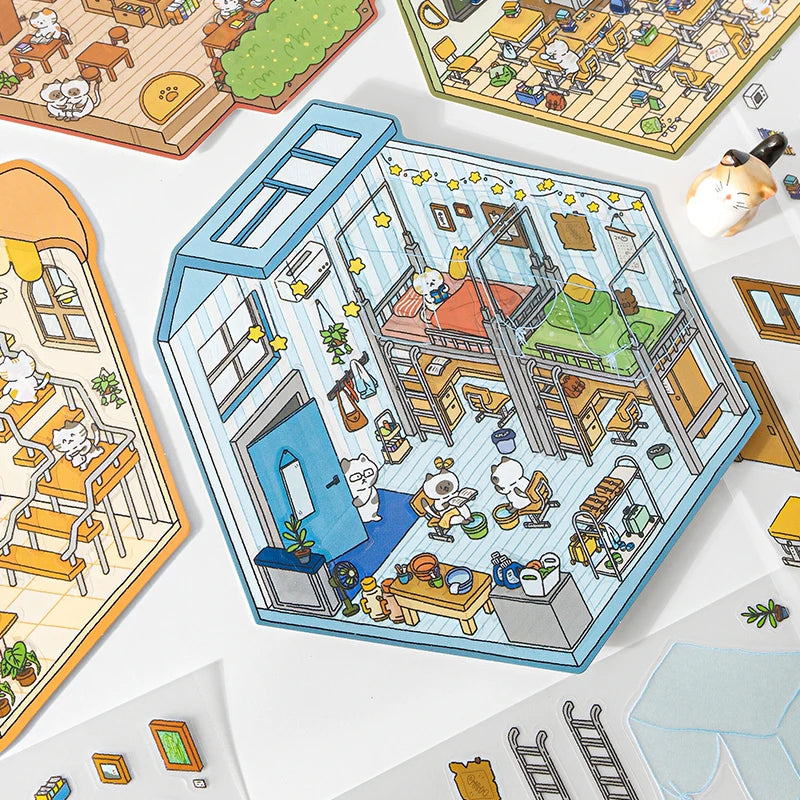 2.9D Landscape Sticker Cartoon Cabin Scene DIY Sticker Stacking Pasting Festival Birthday Gift for Kid Child Qme