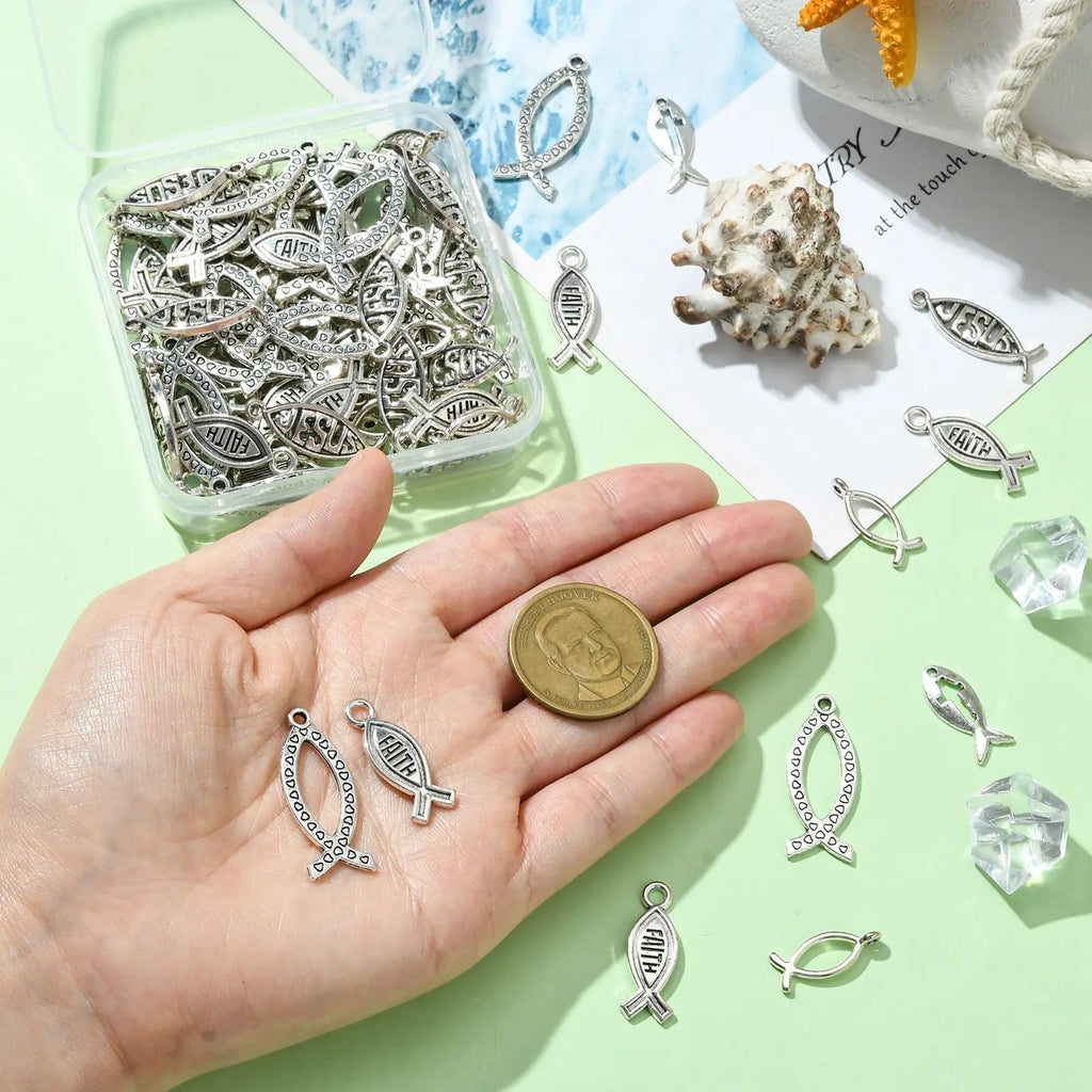 Pandahall 100Pcs 5 Styles Easter Theme Tibetan Jesus Fish Charms Antique Silver Color Christ Fish Pendants for Jewelry Making Qme
