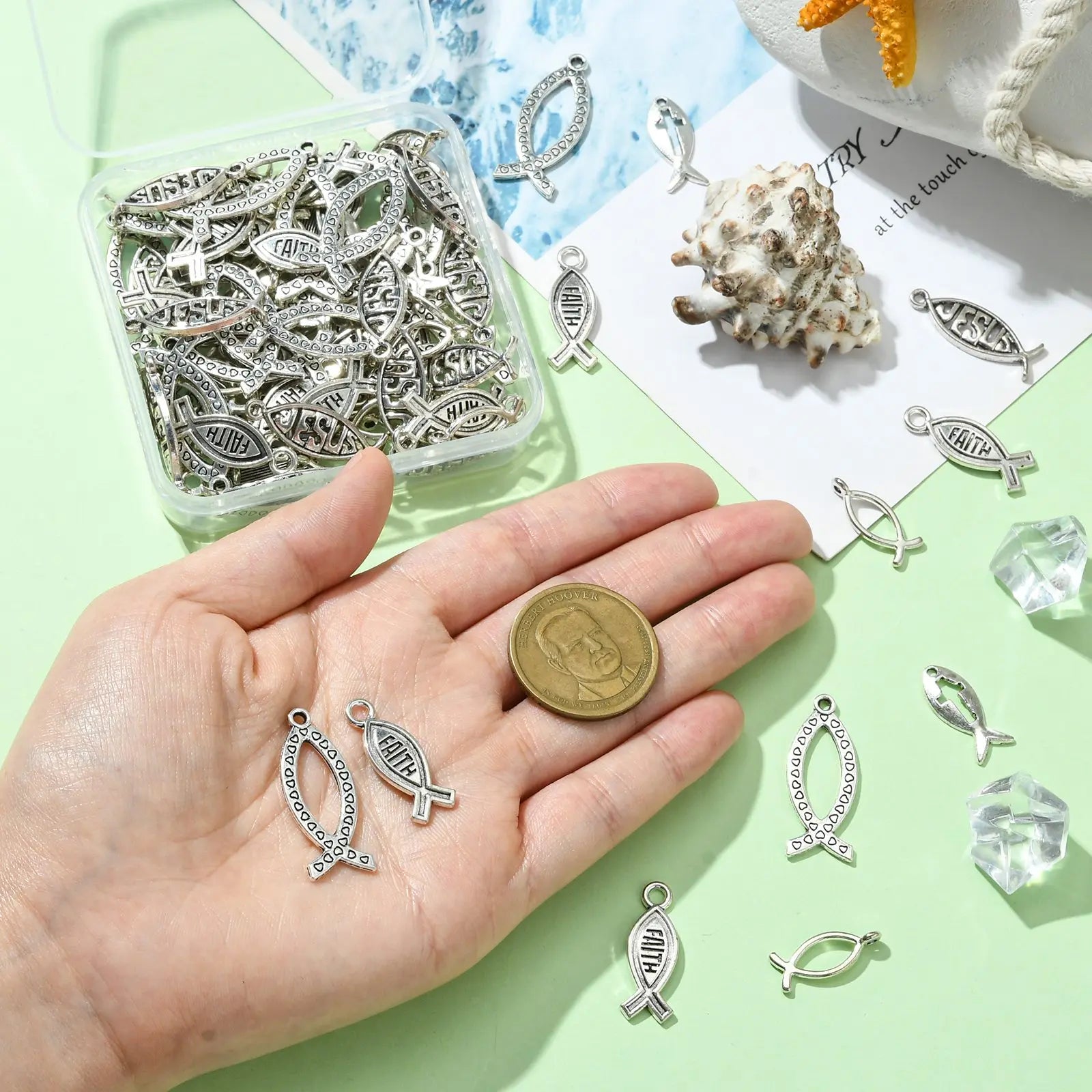 Pandahall 100Pcs 5 Styles Easter Theme Tibetan Jesus Fish Charms Antique Silver Color Christ Fish Pendants for Jewelry Making Qme