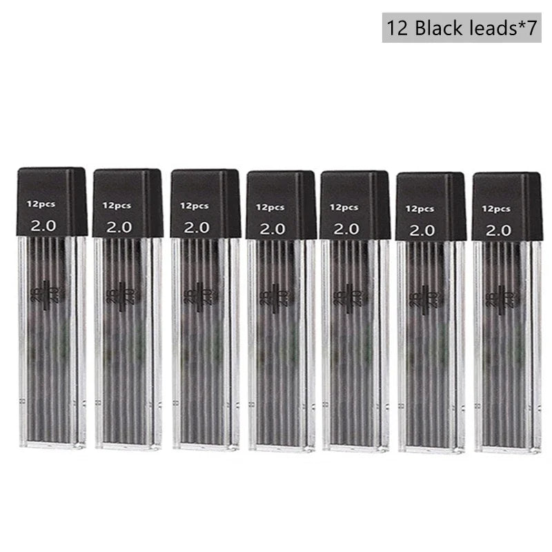 2.0mm Mechanical Pencil Set with 2B Black/Colors Lead Refill for Writing Sketching Art Drawing Painting School Automatic Pencil Qme 7 box black refills