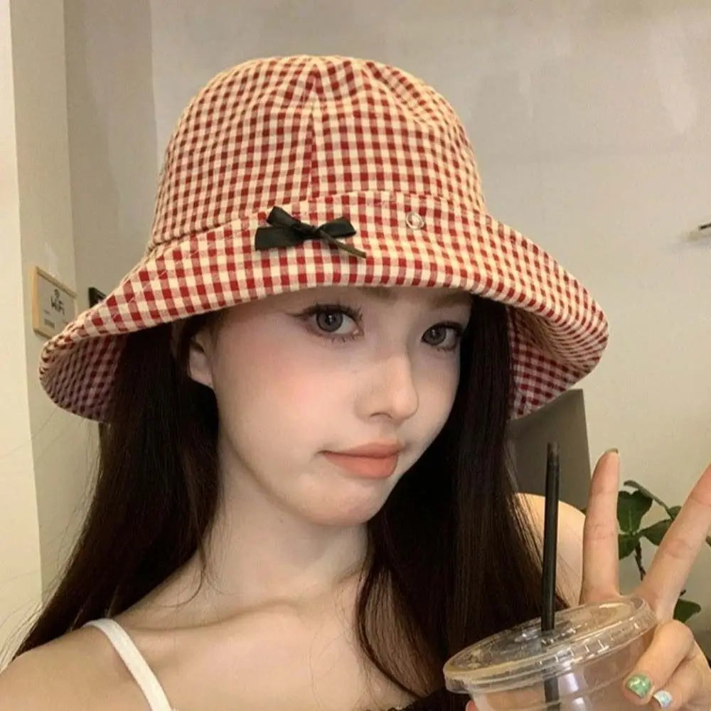 Stylish Black Bowknot Plaid Bucket Hat Casual Gingham Check Wide Brim Sun Hat Dome Basin Versatile Fisherman Hat Vacation Qme
