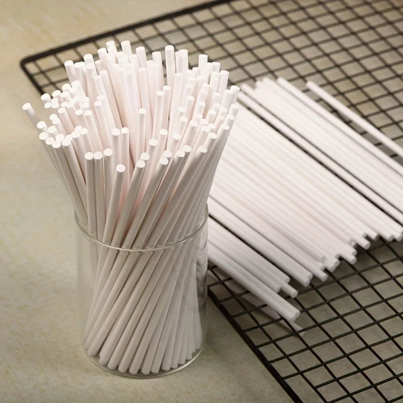 100pcs, Disposable White Kraft Paper Cake Pop Sticks - Perfect for Cake Decorating, Party Weddings, Desserts, Qme