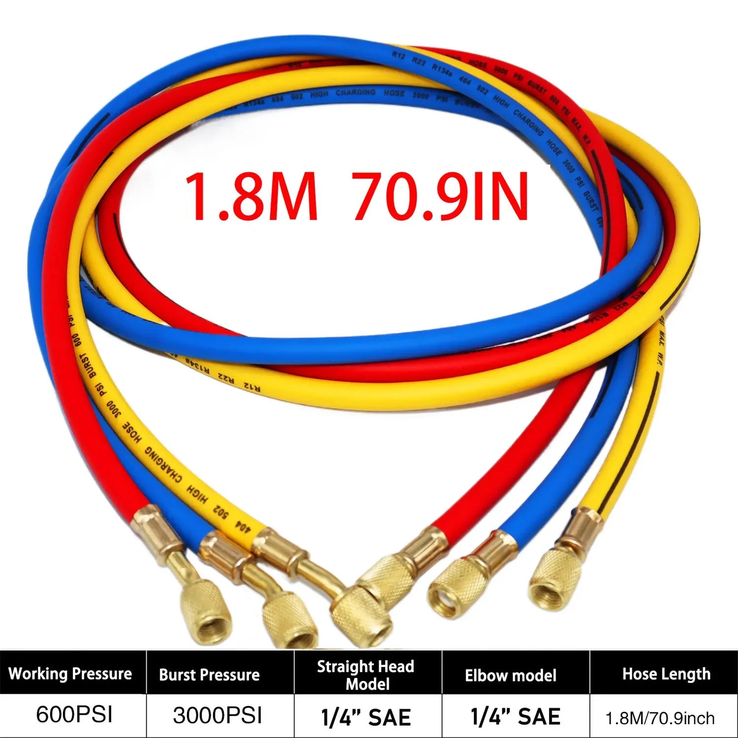 0.9M-1.8M AC Charging Hose Tube Kit Hose Low Loss Fittings for R134A R12 R22 Refrigerant Air Conditioning Manifold Gauge Qme 1.8M 3000psi