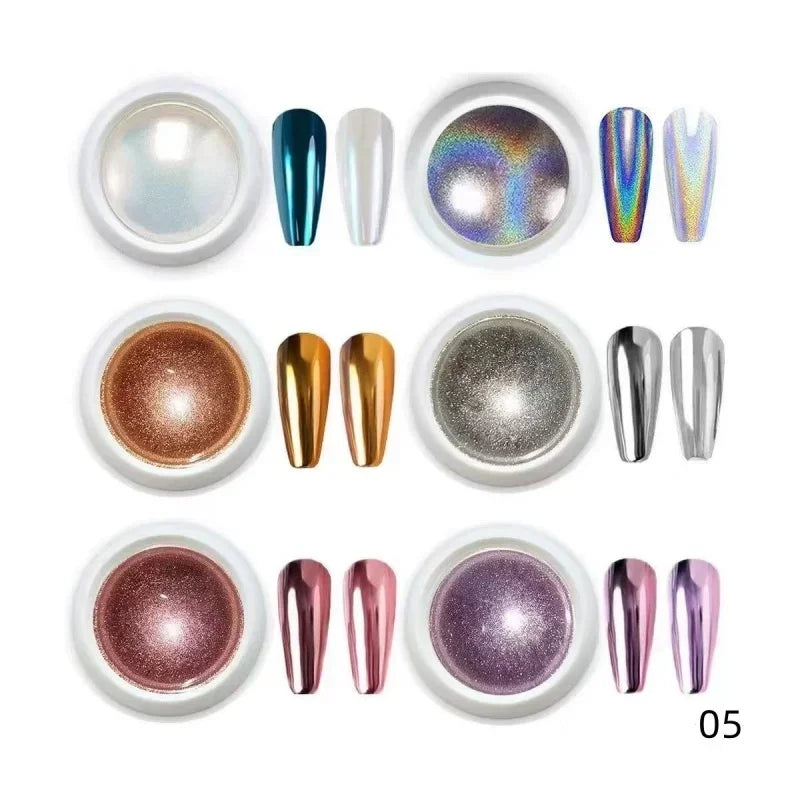 6 Box Moonlight Mirror Nail Powder Silver Fine Glitter Metallic Effect Pigment Gel Polish Chrome Holographic Nail Powder Qme A5