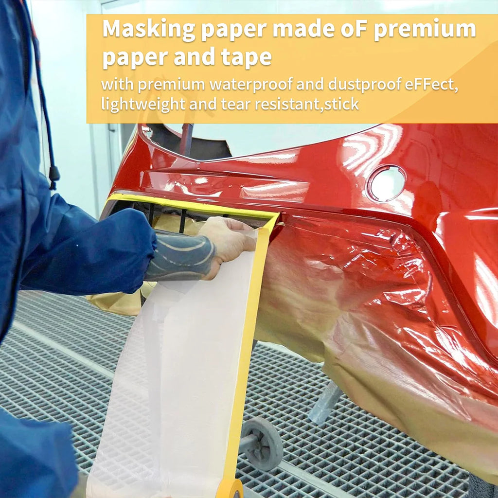 Pre-Taped Masking Film, Paint Adhesive Protective Film Roll for Covering Skirting, Frames, Cars and Auto Body Qme