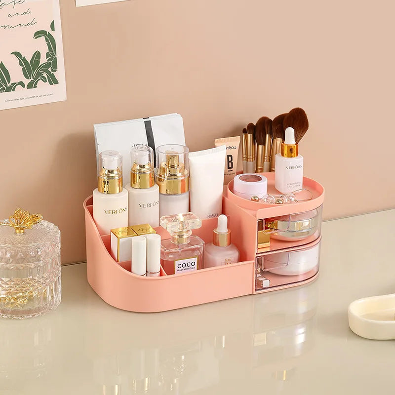 Makeup Storage Box With Mirror Desktop Dressing Table Makeup Mirror Cosmetics Jewelry Storage Box Touch Light Storage Organizer Qme MNordicPink