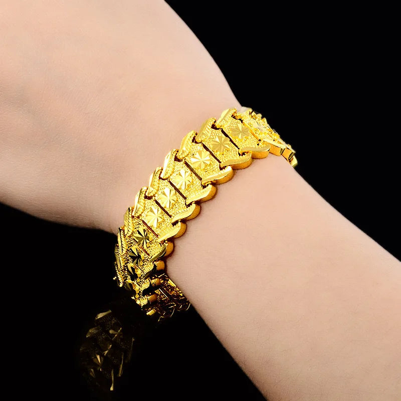 Original 925 sterling silver 18K gold color pretty Wide Bracelet for Women MEN fashion designer jewelry PARTY wedding Qme
