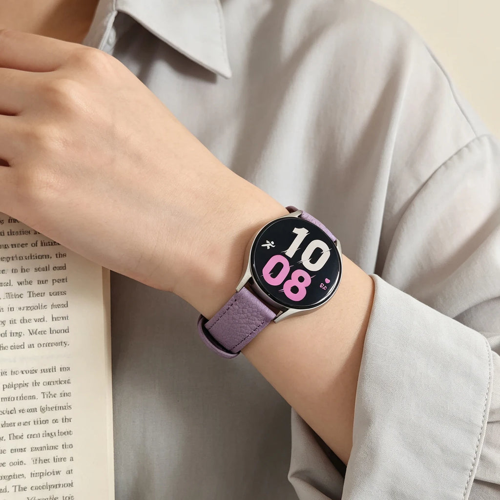 20mm Leather Band for Samsung Galaxy Watch 8 40mm Lychee Pattern Correa for Galaxy Watch 7 6 5 4 40mm 44mm Strap Qme