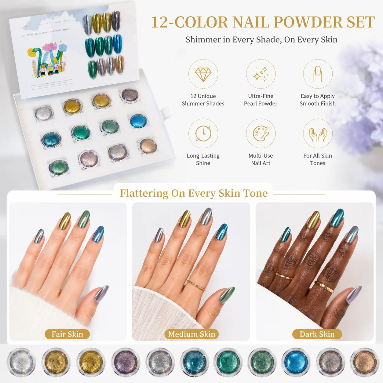 12-color Green Nail Polish Mirror Powder Includes Chart Storage Box Qme