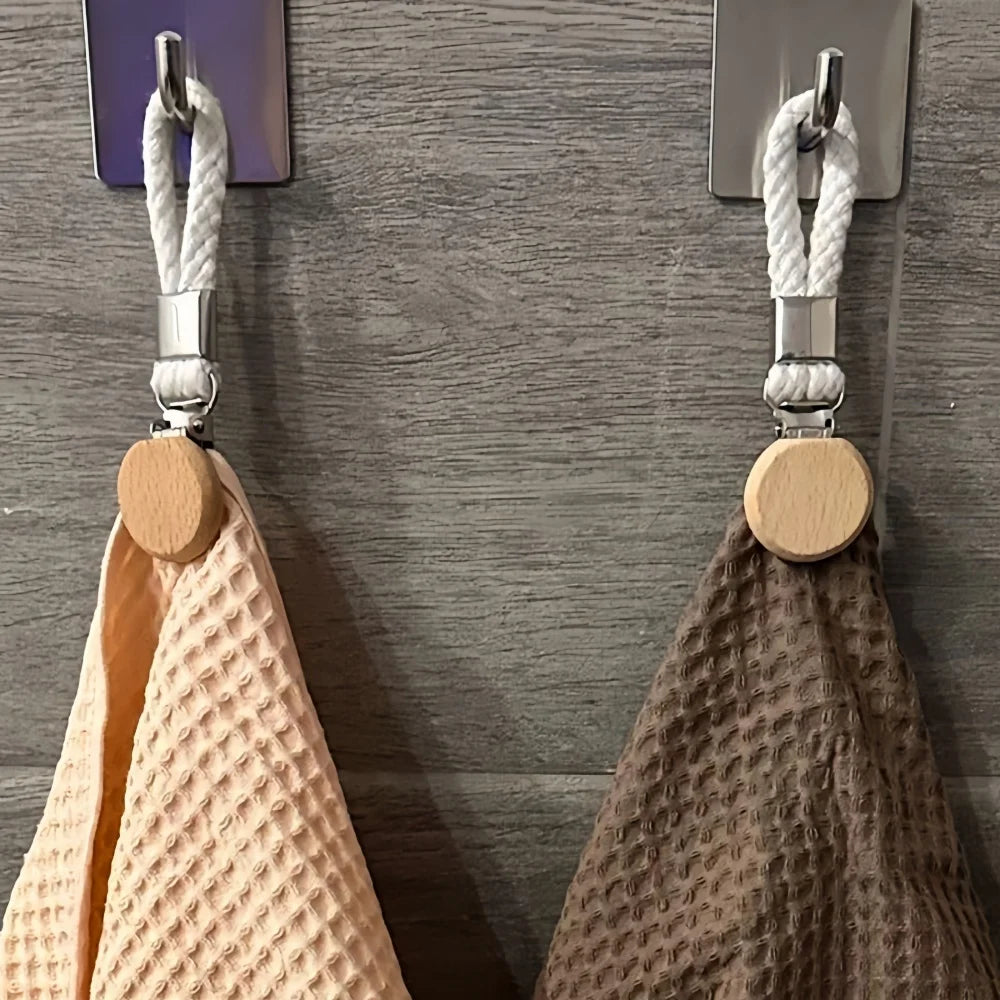 1-8PCS Towel Hanging Clips woven Cotton rope Bathroom wood round head Metal Hanging Clips For Home Towel Clothes Storage Hook Qme