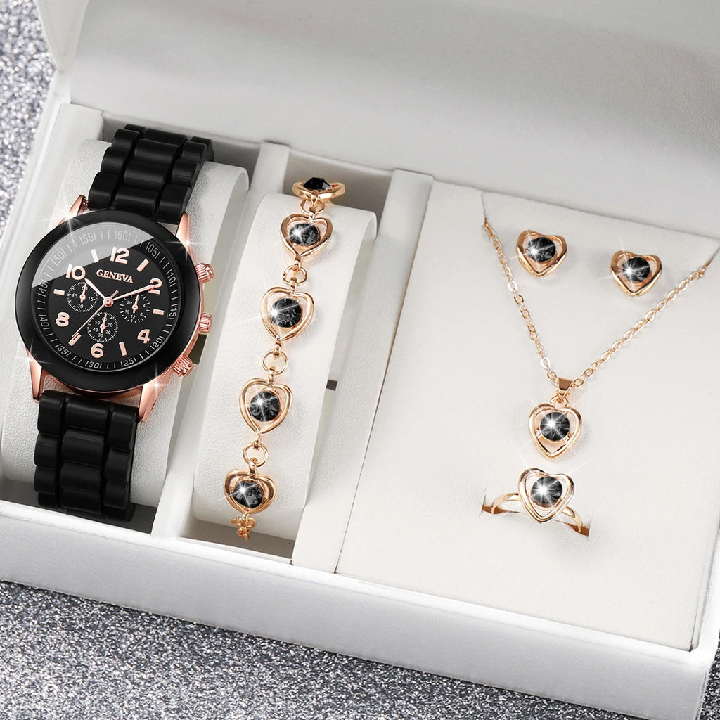 5Pcs Heart Crystal Watch Jewelry Set Women Geneva White Silicone Chronograph Quartz Wristwatch Matching Heart Jewelry Gift Qme