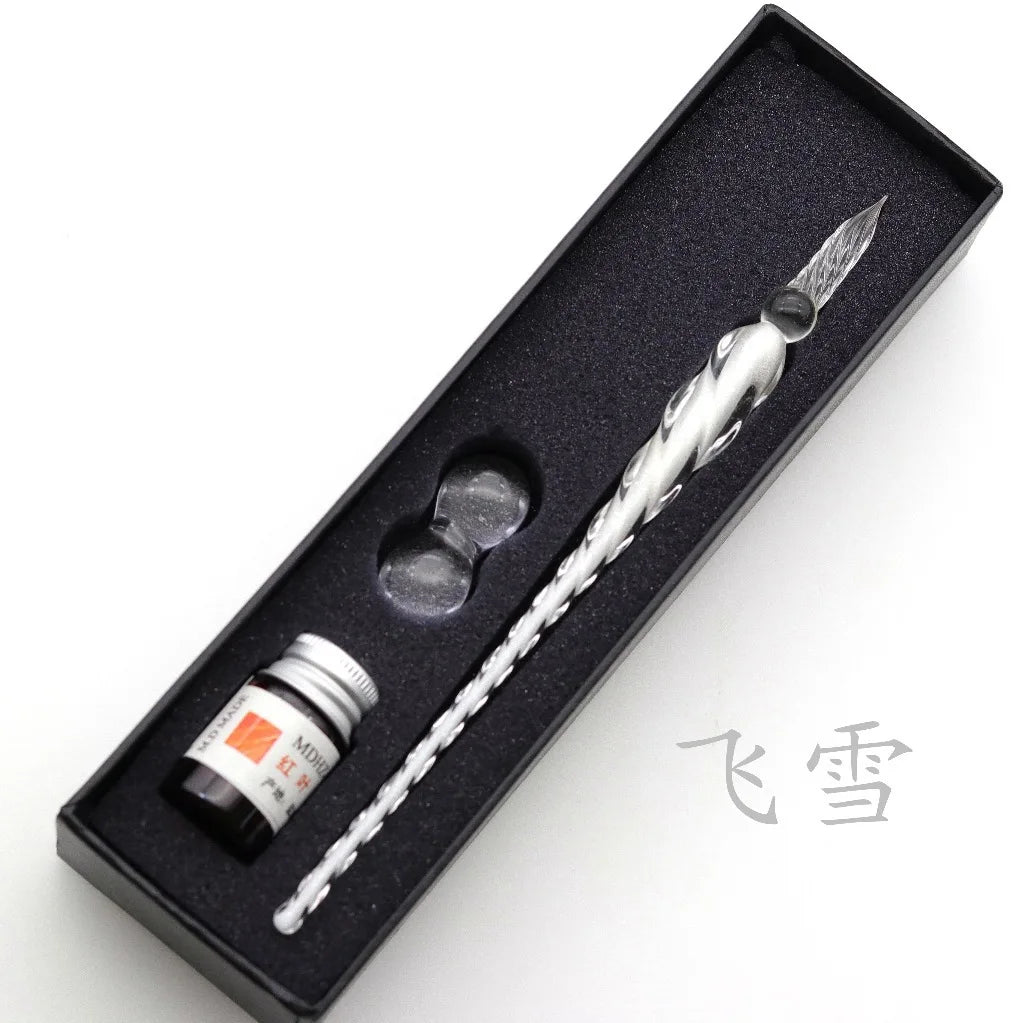 Crystal Glass Dipping Pen Box Colorful Gold Powder Ink Signature Qme A