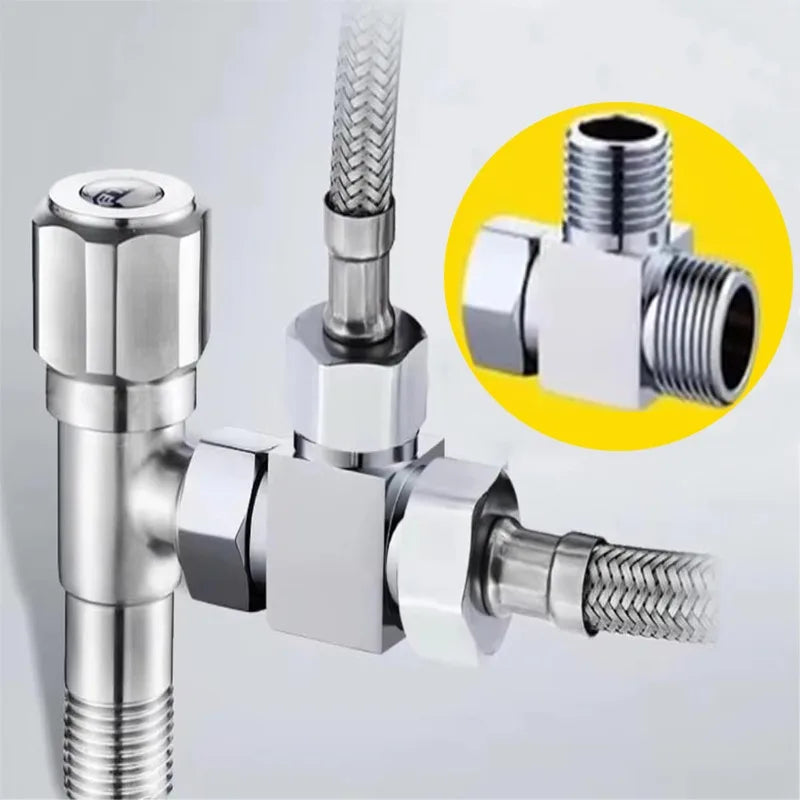 3 Way T Shape Water Splitter Valve Stainless Steel Angle Valve Adapter Qme 1pc