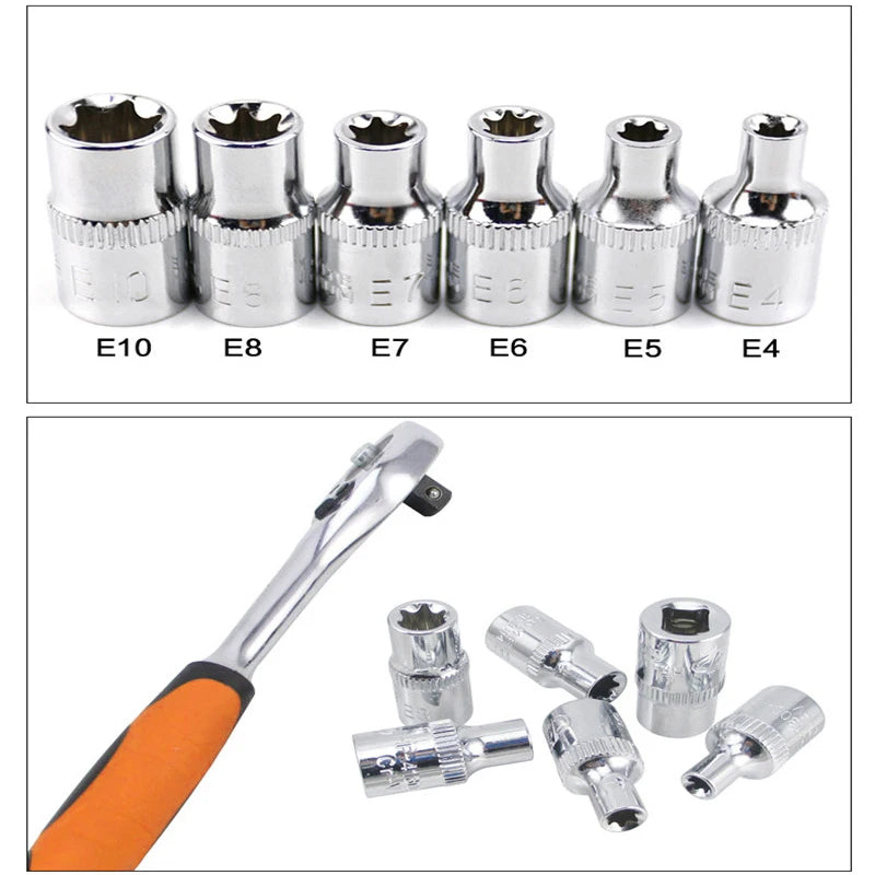 6Pcs/set Drive Socket 1/4 Hexagon Torx Star Female Bit E Socket Set E4 E5 E6 E7 E8 E10 Steel Hand Tool Accessories Qme Default Title