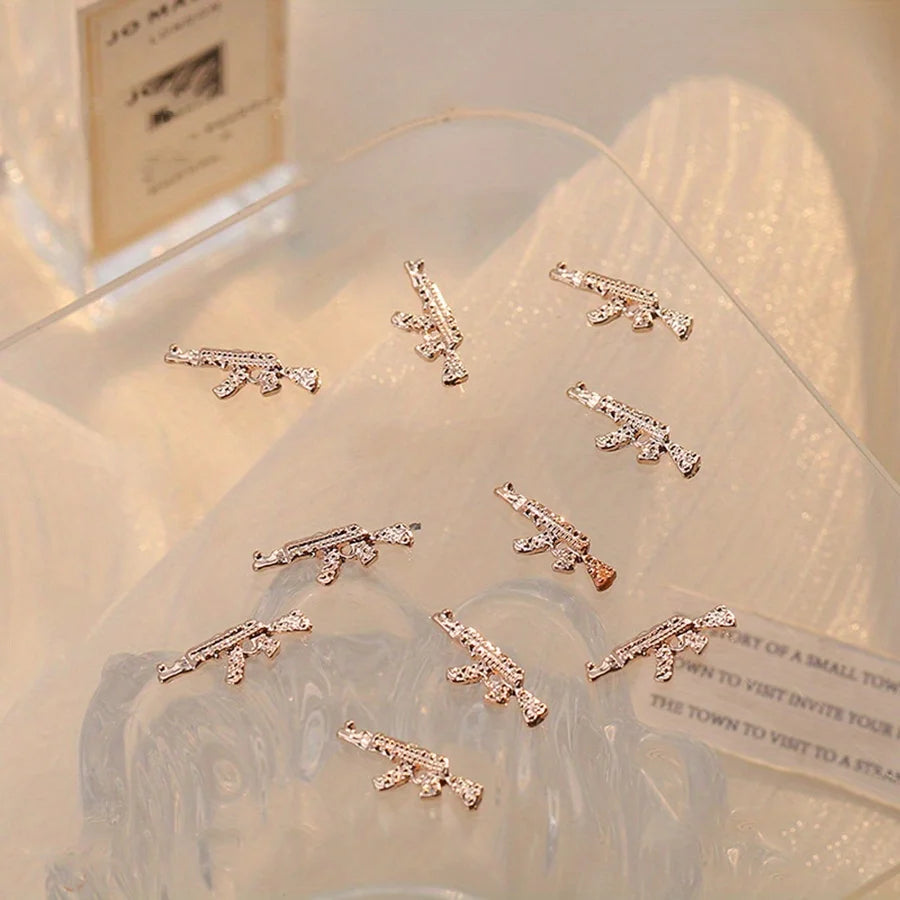 AK47 Nail Art Charms Rhinestones 3D Gun Shape Gem Accessories Jewelry Qme 10pcs-Rose Golden