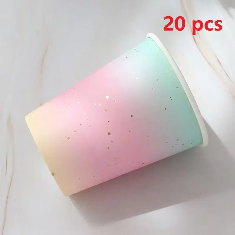 Rainbow Tableware Set for Birthday Party Decorations Rainbow Tableware Paper Plates Cups Napkins Tablecloth Dinner Disposable Qme 20PCS Cups