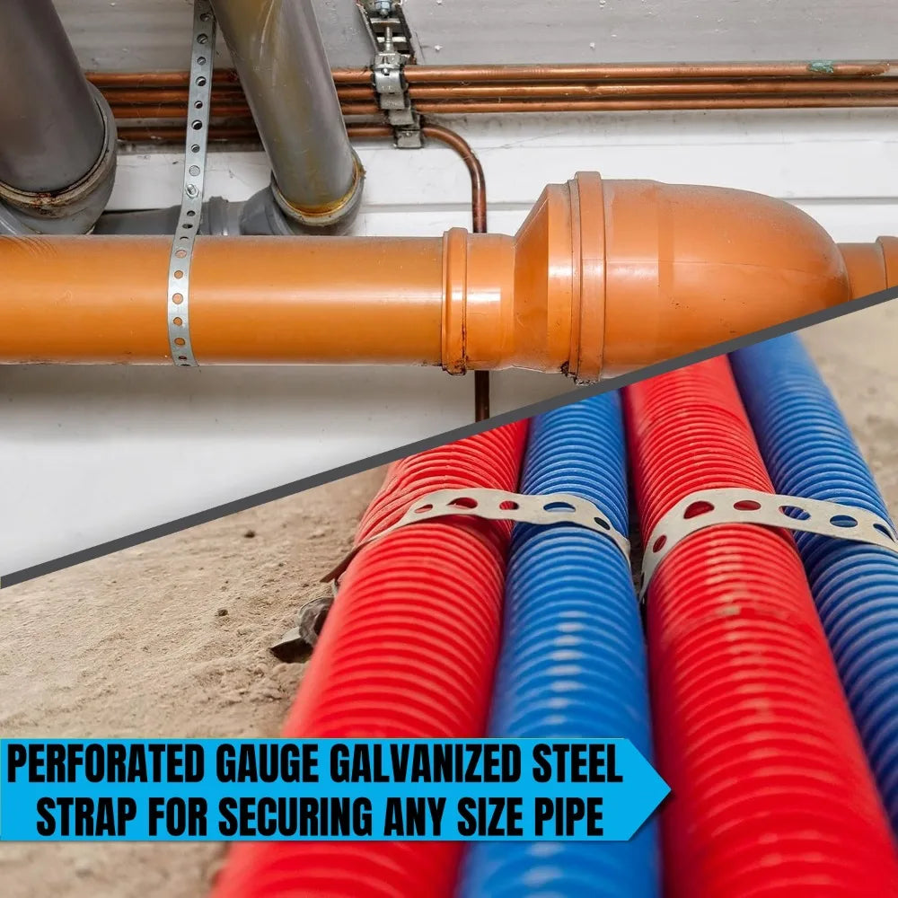 1/3 Roll Galvanized Metal Pipe Straps Bendable Pipe Hanger Straps Porous Metal Fixing Straps for Pipe Support Hanging Connect Qme