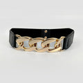 Elastic Wide Metal Chain Buckle Belt Lady Girls PU Leather Rivet Qme one size Gold