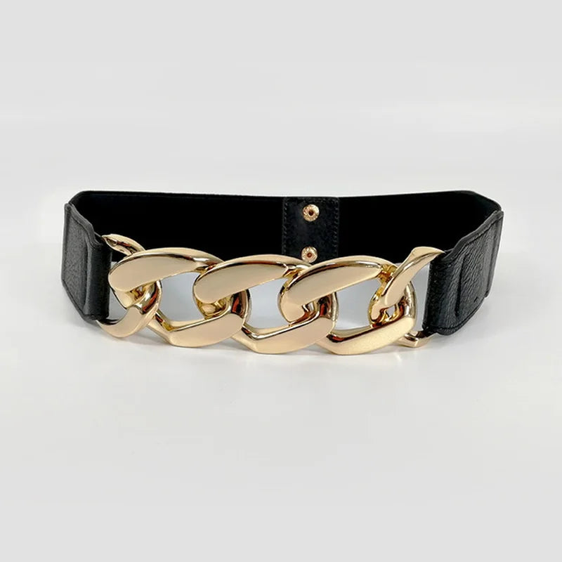 Elastic Wide Metal Chain Buckle Belt Lady Girls PU Leather Rivet Qme one size Gold