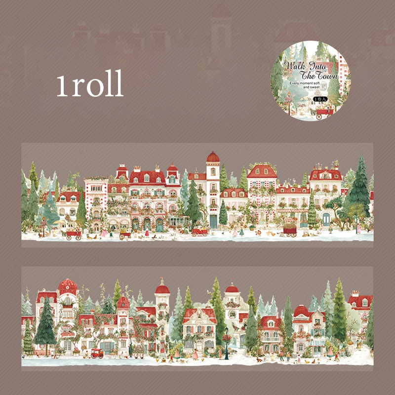 Watercolor Fairy Tale Town Washi Tape, Healing & Relaxing Creative Material, Ideal for Journal Scenery, Collage Qme B