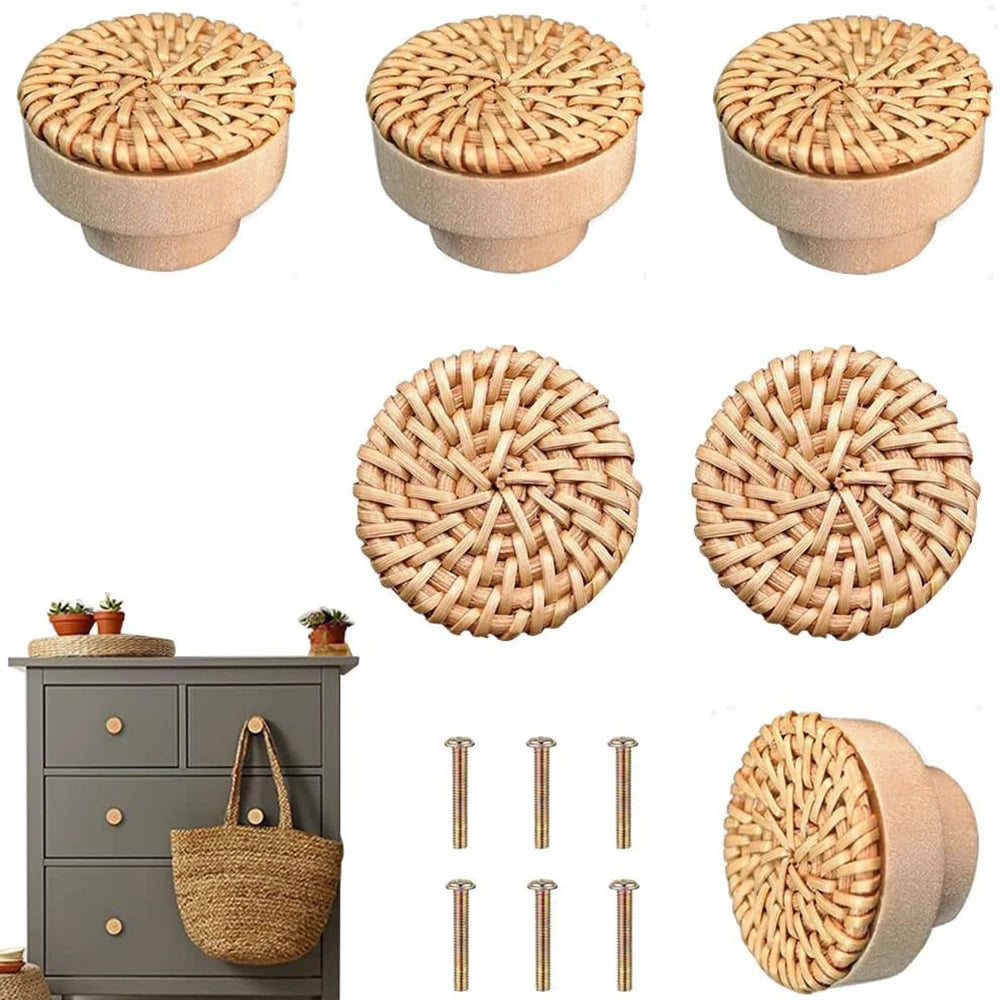 2-48pcs Rattan Wooden Handles Round Handmade Cabinets Drawer Pulls Wood Kitchen Cupboard Wardrobe Door Dresser Knobs Qme
