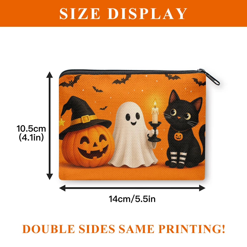 Cute Halloween Pumpkin Ghost Black Cat Canvas Coin Purse Zipper Small Pouch Wallet for Cards Keys Change Holiday Gift Qme 1pc