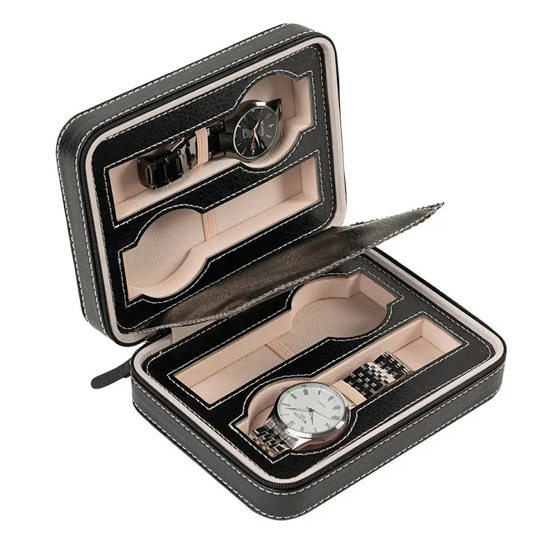 New Travel Dustproof Embedded Watch Box Zipper Portable PU Leather Storage Case Watch Display Box For Trips And Gifts Qme 4 Grids Black