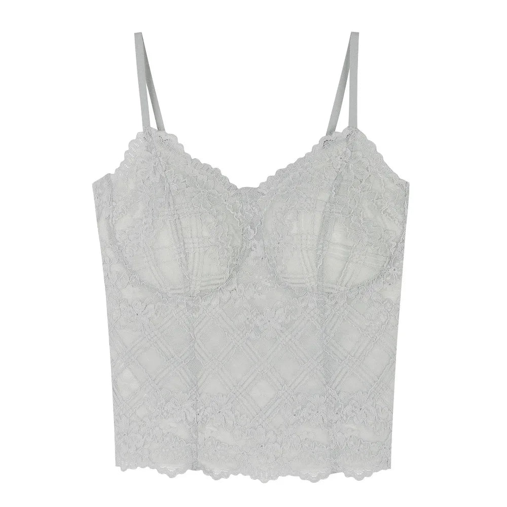 Fashion Fishbone Lace Camisole Transparent Slim Fit Corset Hollow Qme Grey Green M