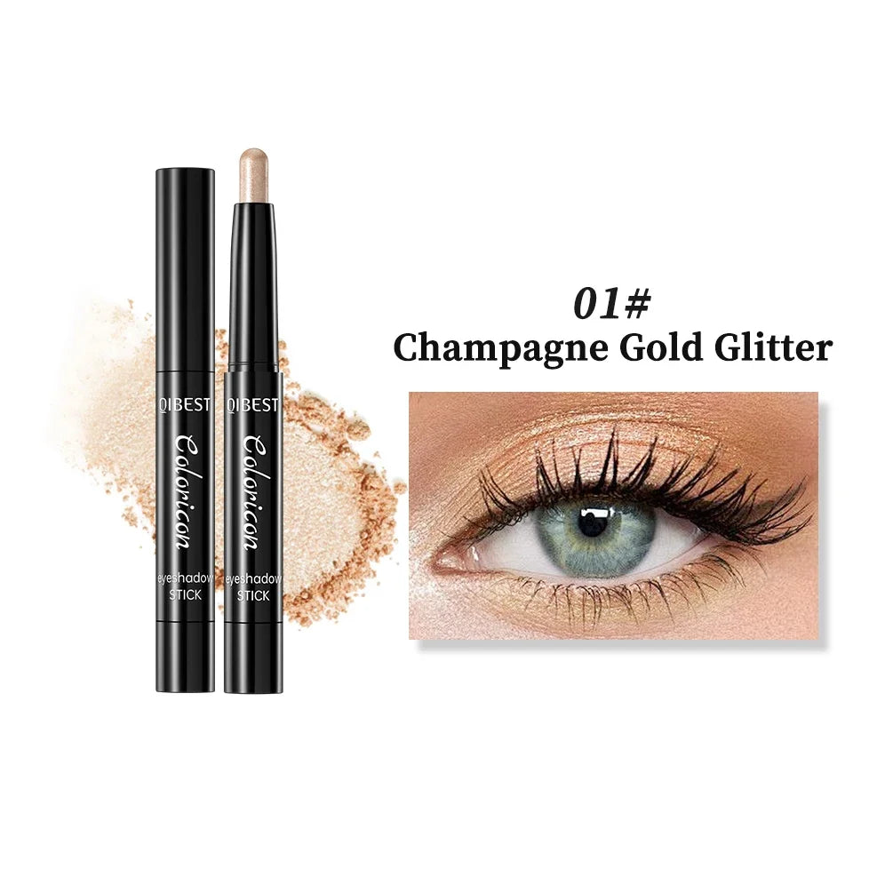 QIBEST Pearlescent Eyeshadow Stick Long Lasting Shimmer Glitter Colorful Eye Shadow Highlighter Women Eyes Makeup Lying Silkworm Qme 01