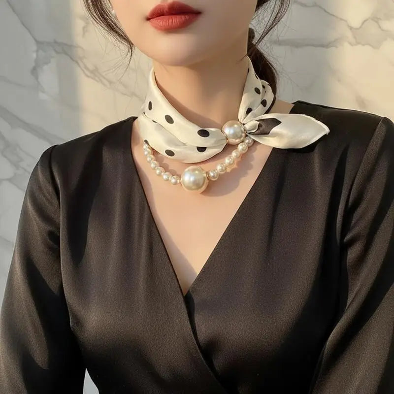 Magnetic Narrow Elegant Satins Neck Scarf Wrap Pearls Chain Necklace Qme